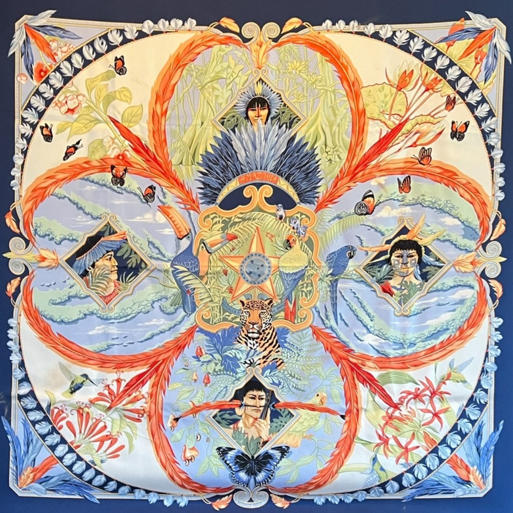 Rare Hermes Amazonia silk 90' scarf Blue with large Jaguar worn once